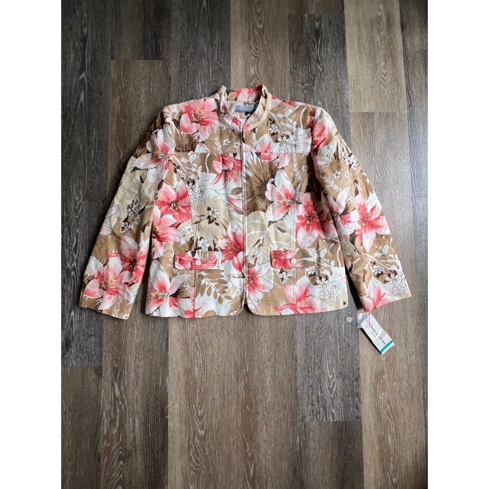 Alfred Dunner Floral Zip Front Jacket Womens‎ 16P Pink Tan New Tropical Petite